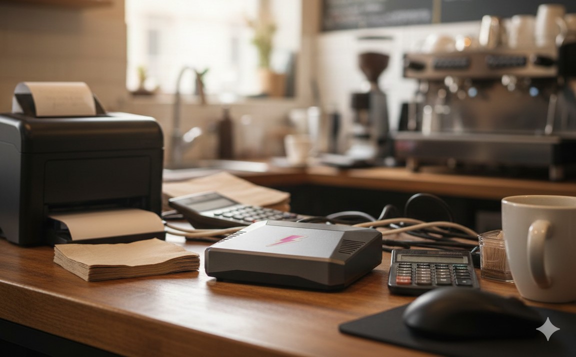Coffee shop counter with LNbitsBox and point-of-sale setup