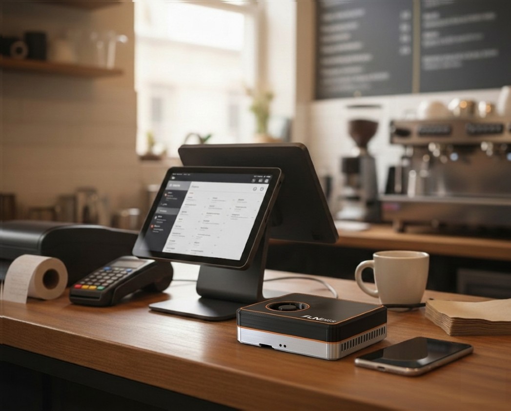 LNbitsBox next to a point-of-sale screen